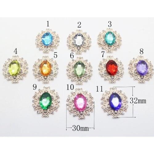 10pcs 32*30mm DIY decoration button rhinestone alloy many Color Diamond button,silver plating,flat back, acrylic beads in middle