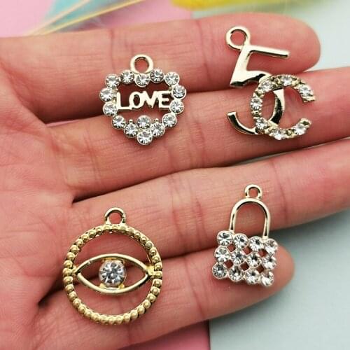 10PCS/Lot Gold Color Tone Metal Pendants Rhinestone Heart Lock Eye Shape Charm Chic Love Charms For DIY Jewelry Making Handmade