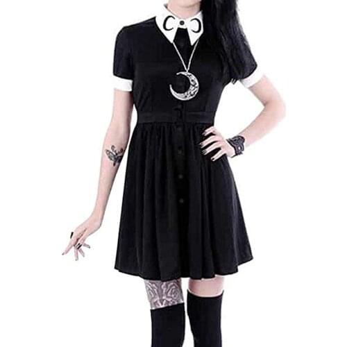 2021 Summer Gothic Punk Dress Women Casual Print Slim Fit Black Button Down Mini Dress Short Sleeve lapel Fashion Party Dress