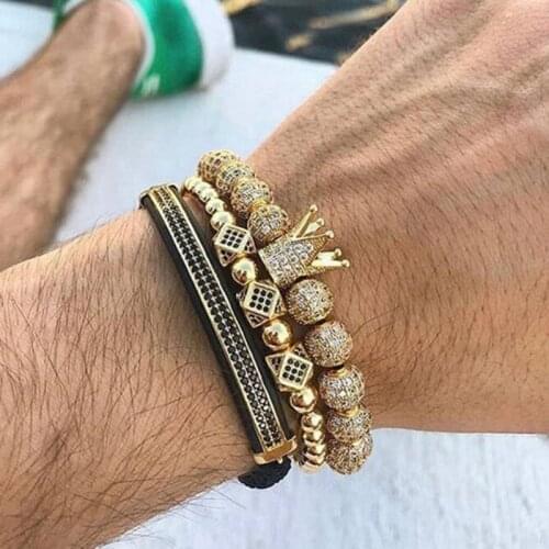 3pcs/Set Hip Hop Gold CZ Crown Bracelets 8MM Cubic Micro Pave CZ Ball Charm Braiding Man Women Luxury Jewelry Pulseira Bileklik