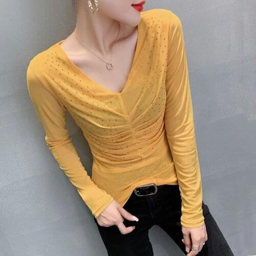 #8580 Black Blue Yellow Red Mesh T Shirt Women V Neck Folds Thin Casual Basic Long Sleeve T Shirt With Diamonds Korean Style