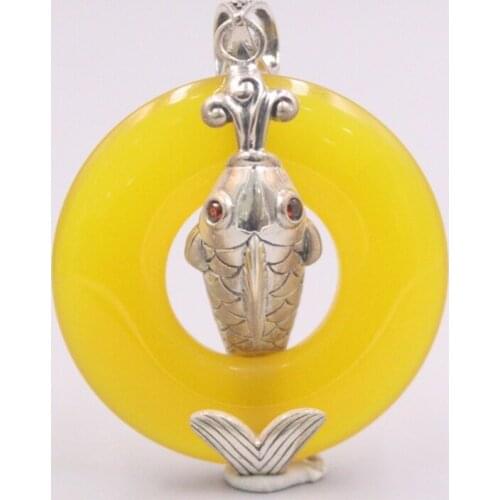 Pure 925 Sterling Silver Pendant 54x43mm Yellow Chalcedony Fish Pattern Charms For Woman