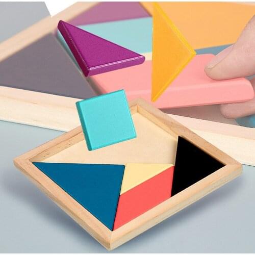 Wooden Tangram 7 Piece Jigsaw Puzzle Colorful Square IQ Game Brain Teaser Early Intelligent Learning Education Toys For Children
