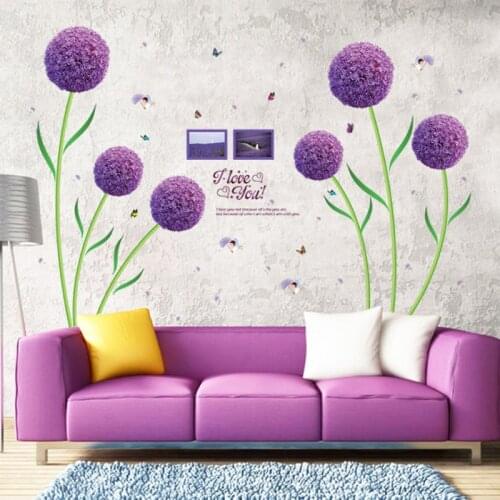 Purple Dandelion Flower Ball Romantic Wedding Bedroom Living Room Decoration PVC Removable Decorative Waterproof Wall Stickers