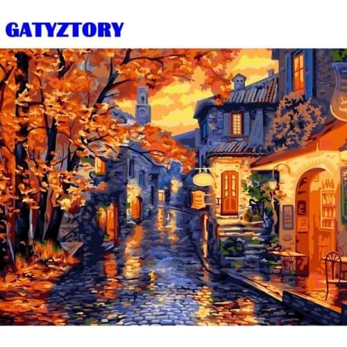GATYZTORY Oil Paint By Numbers Kits Maple Street Landscape Painting By Number 40x50cm Frame Acrylic Coloring Canvas Wall Decor