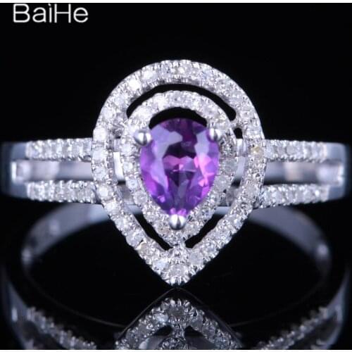 BAIHE Sterling Silver 925 0.33ct Flawless Pear Amethyst Engagement Women Office/career Fine Jewelry Amethyst Ring