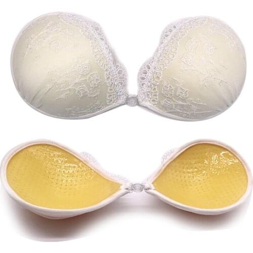 Lace Embroidery Bra Gather Breasts Front Closure Push Up Silicone Bralette Backless Strapless Invisible Pushup Sticky Bras