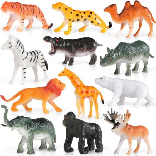 Simulation Wild Zoo Animal African Savanna Lion Tiger Deer Bear mini plastic Animal Model 12pcs Figurines Kids Toys
