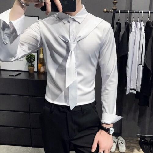 Fashion Solid Shirts for Men Long Sleeve Streetwear Chemise Homme Tie Decoration Slim Fit Casual Shirt Party Men Clothing Camisa