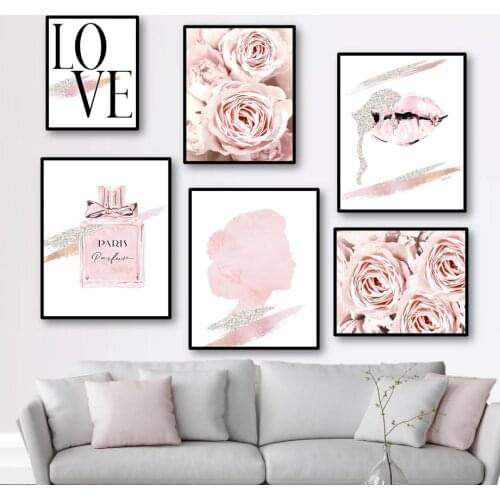 Wall Art Canvas Painting Pink Peony Flower Sexy Lip Perfume Quotes Nordic Posters And Prints Wall Pictures For Living Room Decor