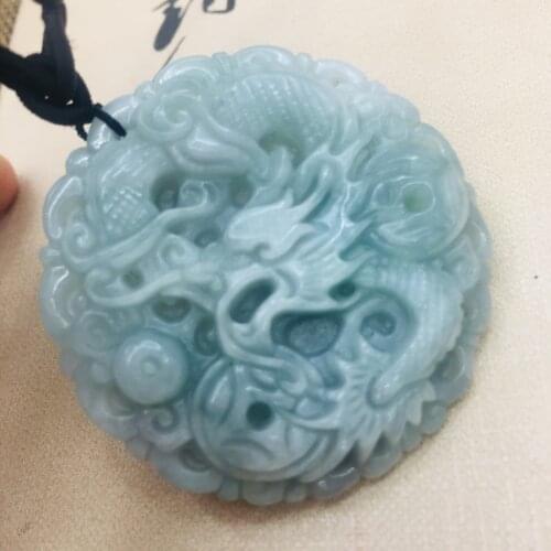 Natural Burmese Emerald jade carving oil blue round dragon pendant with three-color beads necklace male sweater chain