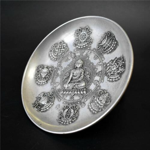 Qing Dynasty Carving Buddha Statue Eight Treasures Pattern Cupronickel Plate Collection Ornaments Statues for Decoration
