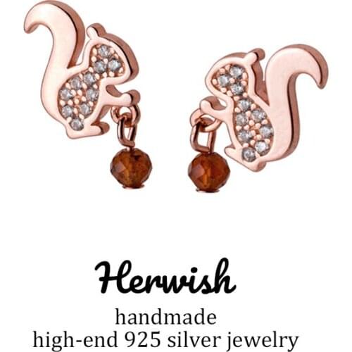 Herwish Cubic Zirconia Squirrel & Pine Cone 925 Sterling Silver Earring Kawaii Animal Women Korean Earrings Jewelry