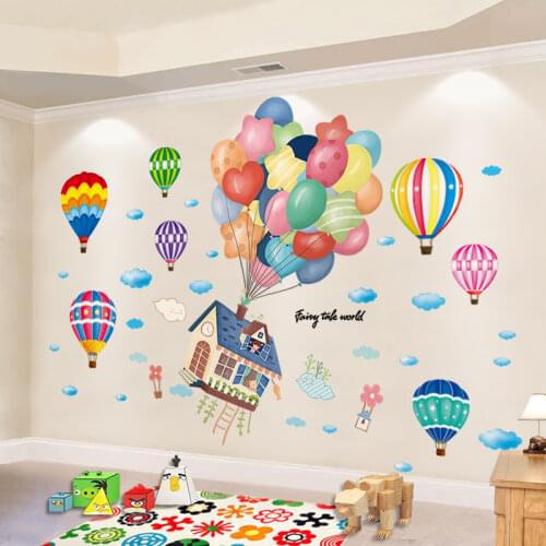 [shijuekongjian] Colorful Hot Air Balloons Wall Stickers DIY Cartoon House Wall Decals for Kids Rooms Baby Bedroom Decoration