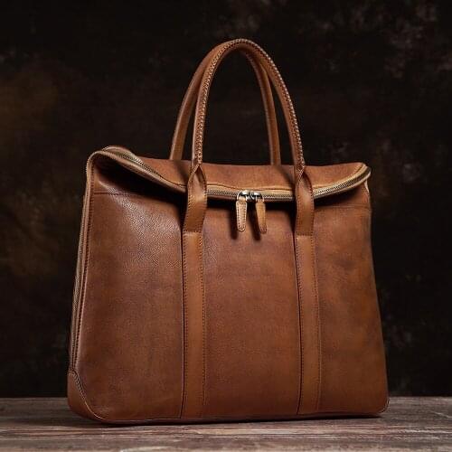 Genuine Leather Vintage man Handbag Briefcase Men Shoulder Brown High Quality Business Fashion 15 inch Laptop Office Bag