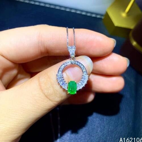 Fine Jewelry 925 Pure Silver Inlaid Natural Emerald Girl Popular Lovely Rectangle Chinese Style Gem Pendant Necklace Support Det