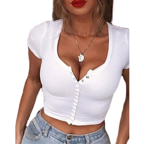 Women Solid Color Short Sleeve Soft Fabric V-Neck Covered Button Cropped Slim T-shirt Summer Casual Streetwear 2020 New Arrival