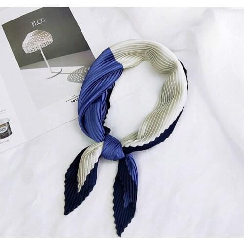 Ladies handle bag hair multifunctional patchwork contrast color pleated bandana foulard satin silk square crinkled hijab scarf