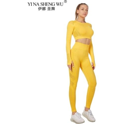 New Vital Women Sport Suit Yoga Set Gym Workout Clothes Long Sleeve Fitness Crop Top + High Waist Energy Seamless Leggings Set