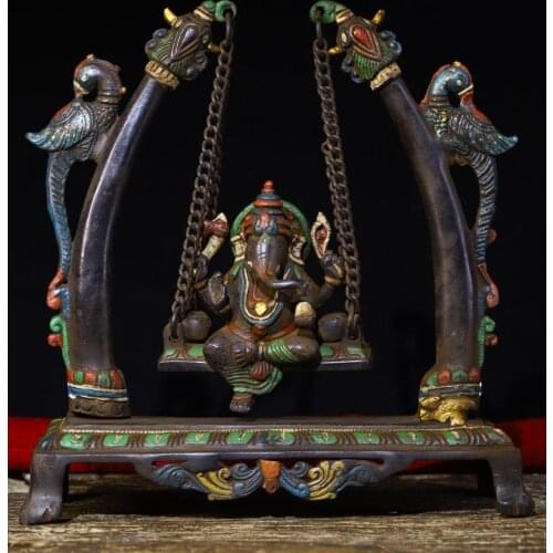 10" Tibet Buddhism Temple Old Bronze Painted Elephant Trunk God of Wealth Buddha Statue Elephant head Pinayaka Virtuous God