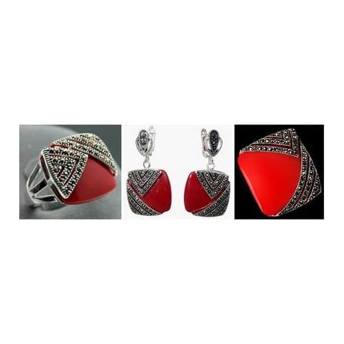 Noble Red Coral Carved Lacquer Marcasite 925 Sterling Silver Square Ring(#6-9) Earrings & Pandent jewelry sets