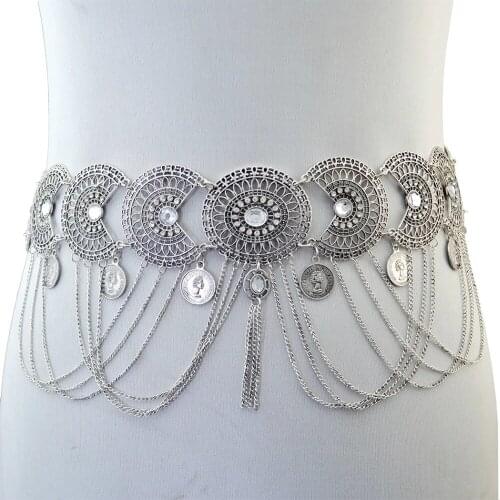 Sexy Lady Metal Carved Flower Belly Chains for Women Costume Dancing Body Chain Bohemian Hippie Rhinestone Party Body Jewelry