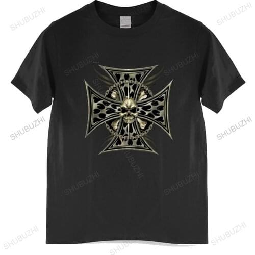 Men o-neck tshirt fashion brand t-shirt black new Mens Biker Iron Cross T Shirt Motorcycle Skull Death euro size