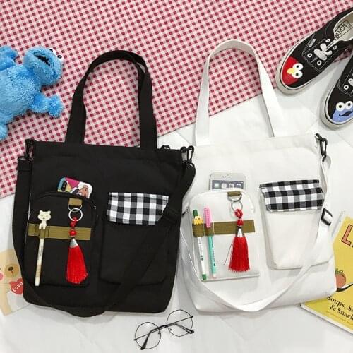 Canvas Capacity Women Shoulder Bag Check Cotton Tote Shopper Bag Tassels Eco Reusable Shopping Bag Handbag Cloth Messenger Bag