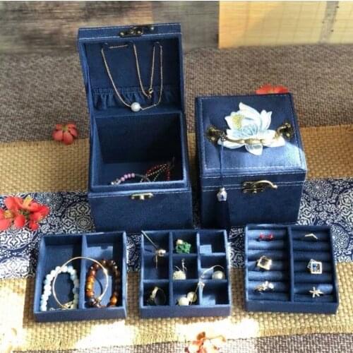 HOSENG Blue Trendy Copper Lock Tassel Jewelry Box Flower Embroidery Three Layers Womens Earrings Ring Brooch Gift Casket HS_764