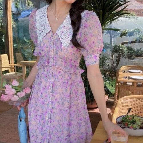 Hstar Lady Boho Pink Vestido Women Summer Print Floral Ruffles Midi Dress Vintage Female Peter Pan Collar Party Purple Dress