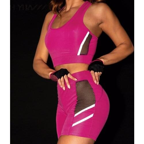 Reflective Women Two Pieces Running Set Sexy Mesh Hollow Sexy Crop Top Elastic Shorts Tracksuit Legging Jogging Suits For Women