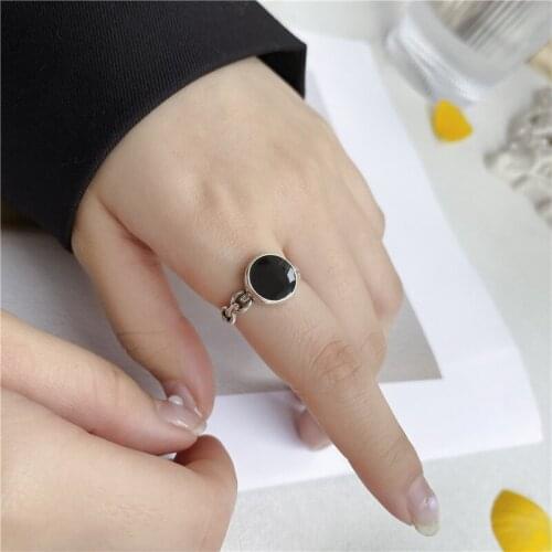 Creative black circle round oil drop opening ring ladies creative black circle silver color retro ring fashion jewelry gifts