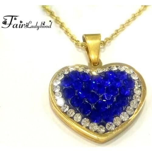Fairladyhood Fashion Womens Jewelry Heart-shaped pendant Blue Zircon Stainless Steel Pendant & Necklace Gold-color
