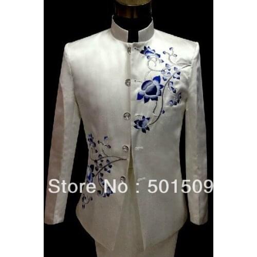 Blue and white porcelain embroidery flower vine mens suit stage performance Chinese elements style new year