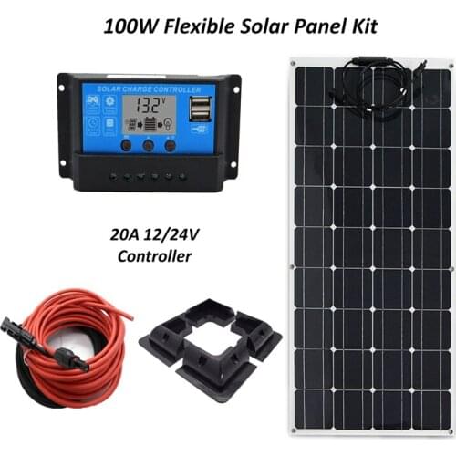 DIY Solar System Kits 100W 1x100W flexible solar panel, 1x 20A LCD solar controller,5M Solar cables, 4pcs brackets RV/Marine