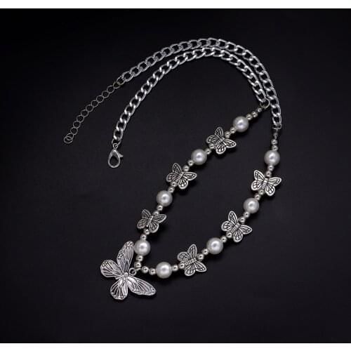 Fashion Pearl Butterfly Necklace Pendant Women Personality Cool Hip-hop Clavicle Chain Choker Necklace Collar Neck Jewelry