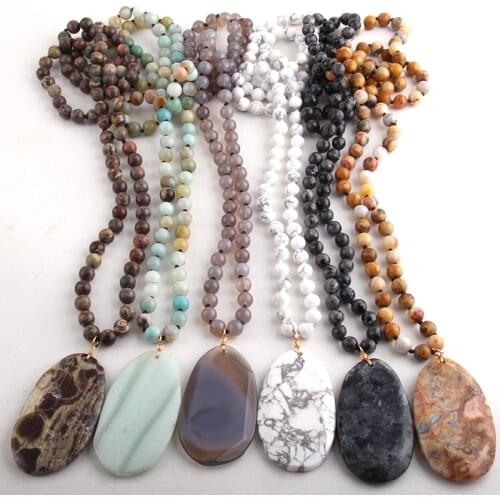 RH Fashion Jewelry Natural Beads Long Knotted Semi Precious Pendant Necklaces For Women Bead necklace