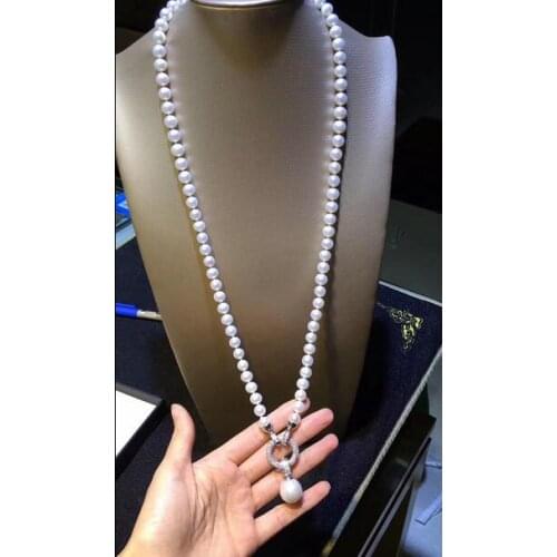New design 9-10 mm handmade white pearl necklace 28inch