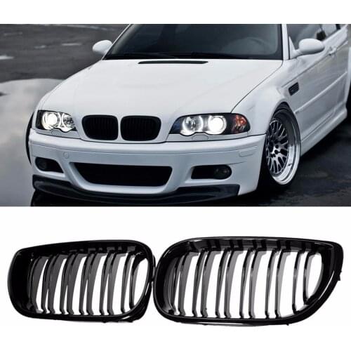 Pair Front Kidney Grill Grille Gloss Black Double Slat Car Racing Grills For BMW E46 4-DOOR 3 Series 2002 2003 2004