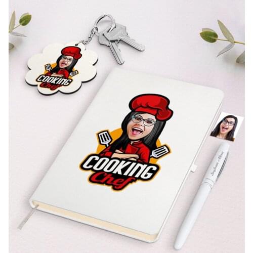 Personalized Female Chef Caricature Of White Notebook pen And Keychain Gift Seti-11 Reliable Quality Gift Casual design