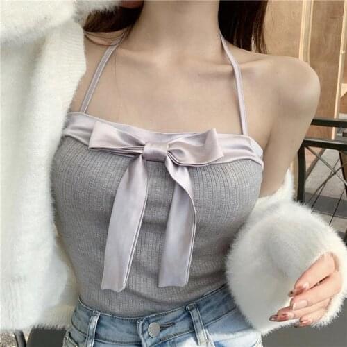 Sexy Square Neck Bowknot Knitted Crop Tops Women Slim Suspenders Vest Women Sexy Night Party Club Summer Vest