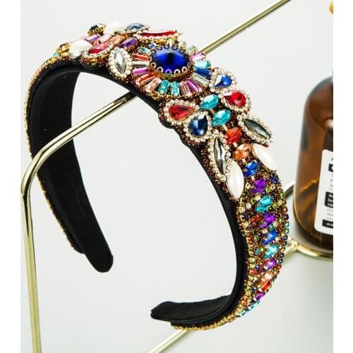 Fashion Baroque Polychrome Crystal Headband Womens Elegant Imitation Pearl Wide Brim Hair Band Womens Party Fashion Headdress