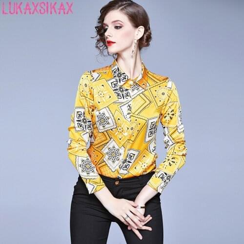 New Spring Autumn Women Turn-down Collar Long Sleeve Shirt High Quality Yellow Vintage Print Runway Shirt Casual Women Tops