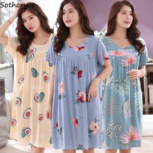 Nightgowns Women Floral Printed Plus Size M-4XL Summer Sleepshirts Short Sleeve Casual Sleepwear Charming Nightwear Comfortable