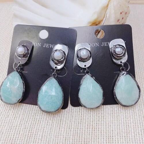 Woman Dangle Earring Pearl Stud Gemstone Long Dangle Earring New Fashion For Lady Woman 1pairs Gunblack Plated