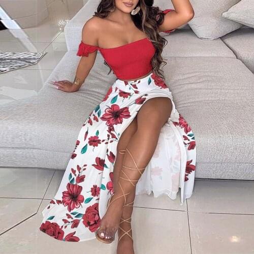 Summer Women Sexy Off Shoulder Floral Print Tops and Split Skirt Sets Fashion Beach Dress Casual Clothing Outfits Vestidos Mujer