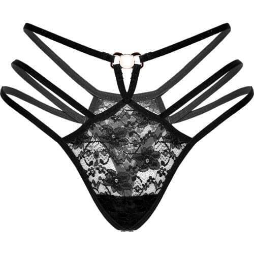 Women Lingerie Underwear Panties Flower Pattern Sheer Lace Panties T-back Hollow Out Strappy Briefs Low Waist Exotic Underpants