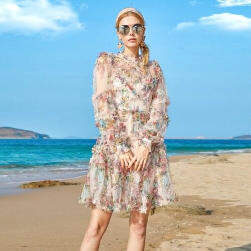 Runway Summer New WomenS Mesh Patchwork Print Long Sleeve Party Vacation Bohemian Beach Vintage Fashion Elegant Dress