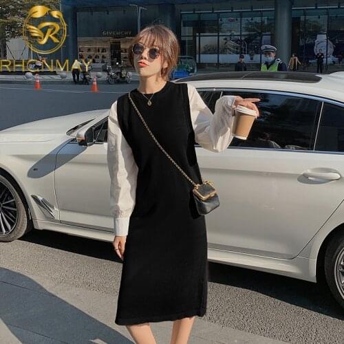2020 Korea New Autumn and winter Casual Splicing shirt sleeve Long sleeve Slim knitting Frenulum Dress Medium length style