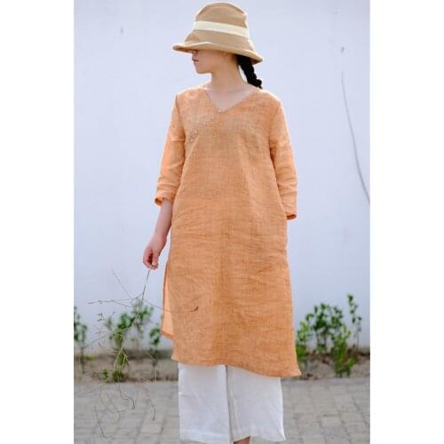 2019 Fry Dirty Dyeing Pure Flax Jade Buckle Improvement Cheongsam Type Dress 190728